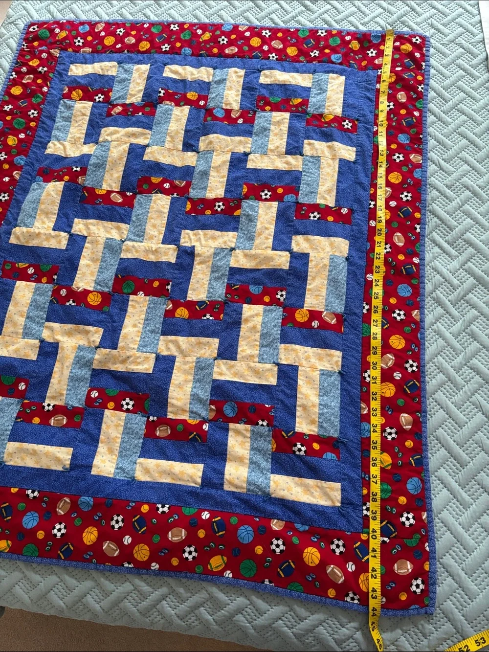 Handmade Sports Patchwork Quilt - Red, Blue, Yellow